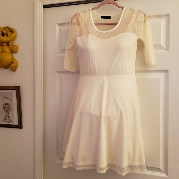 Off White Lace Dress With Sheer Top and Sleeves - Picture 1 of 7
